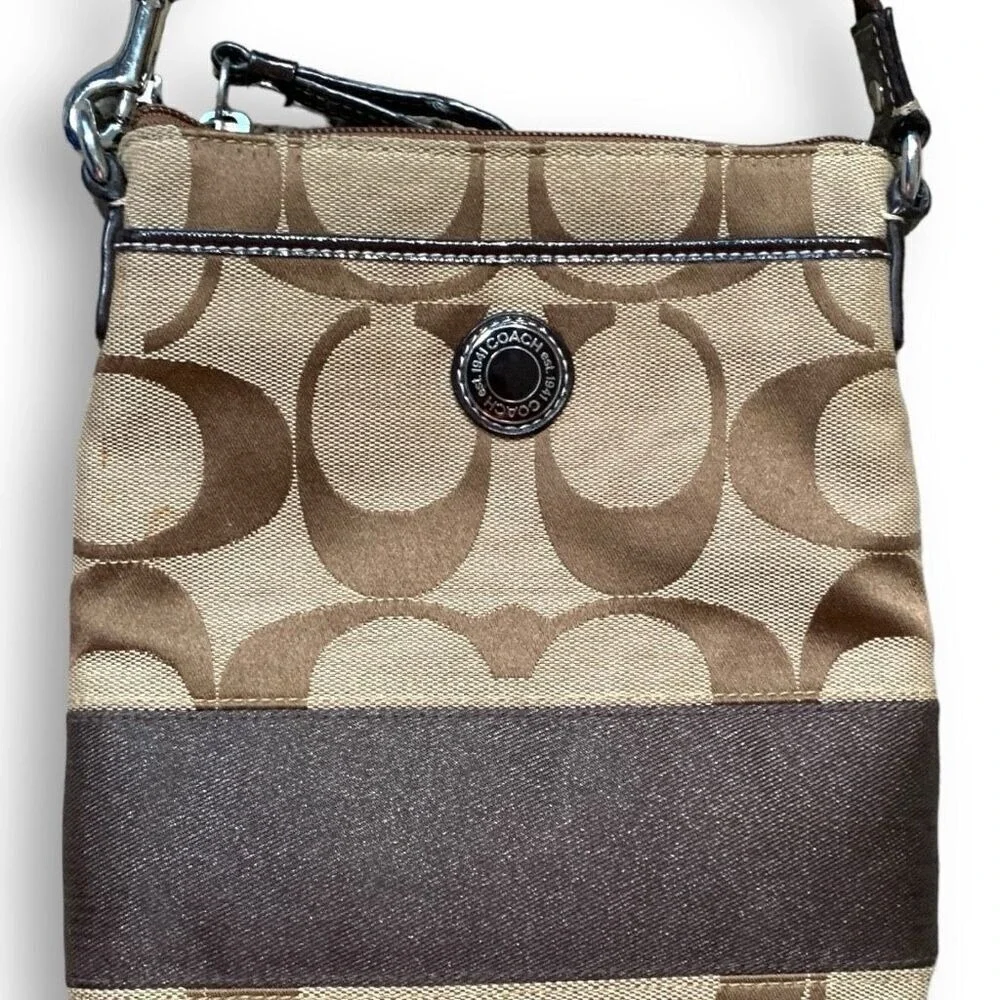 Coach Signature Monogram Canvas Crossbody Bag Brown Khaki Y2K Flat Messenger